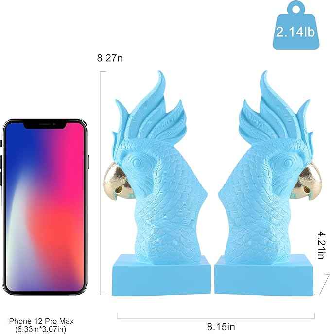 Blue Parrot Decorative Bookends,Set of 2 Cute Bird Animal Sculpture Book Ends to Hold Hevay Duty Books,Unique Resin Statues Book Stopper for Home Office Desk Bookshelf Decor