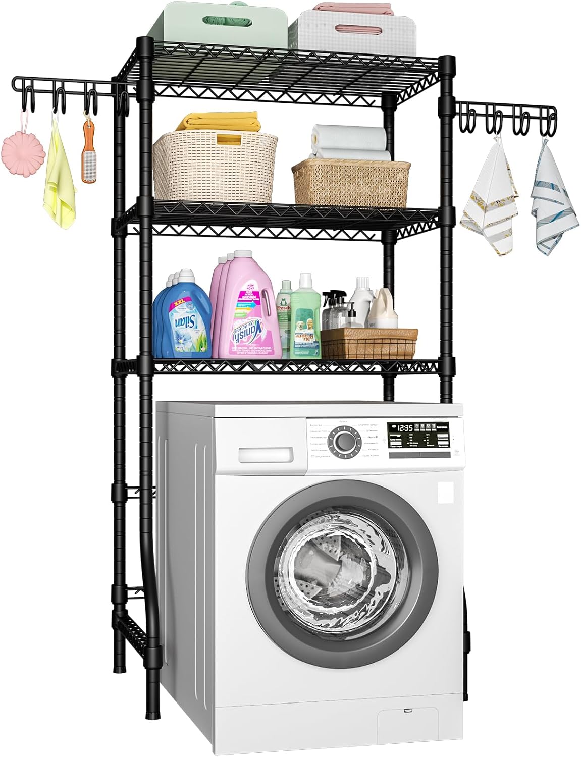 Ulif U8 Laundry Room Storage Organizer, Over The Washer and Dryer Storage Shelves for Laundry Organization, 35" W x 17.3" D x 76.2" H, Suit Washing Machine Width Within 32.6", Hold 304 lb, Black - NestledHome