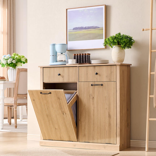 Modern Double Tilt-Out Trash Cabinet, 20 Gallon Fluted Laundry Hamper Cabinet with 2 Drawers, Wooden Hidden Garbage Can Cabinet with Storage Basket for Kitchen & Living Room, Natural Oak - NestledHome