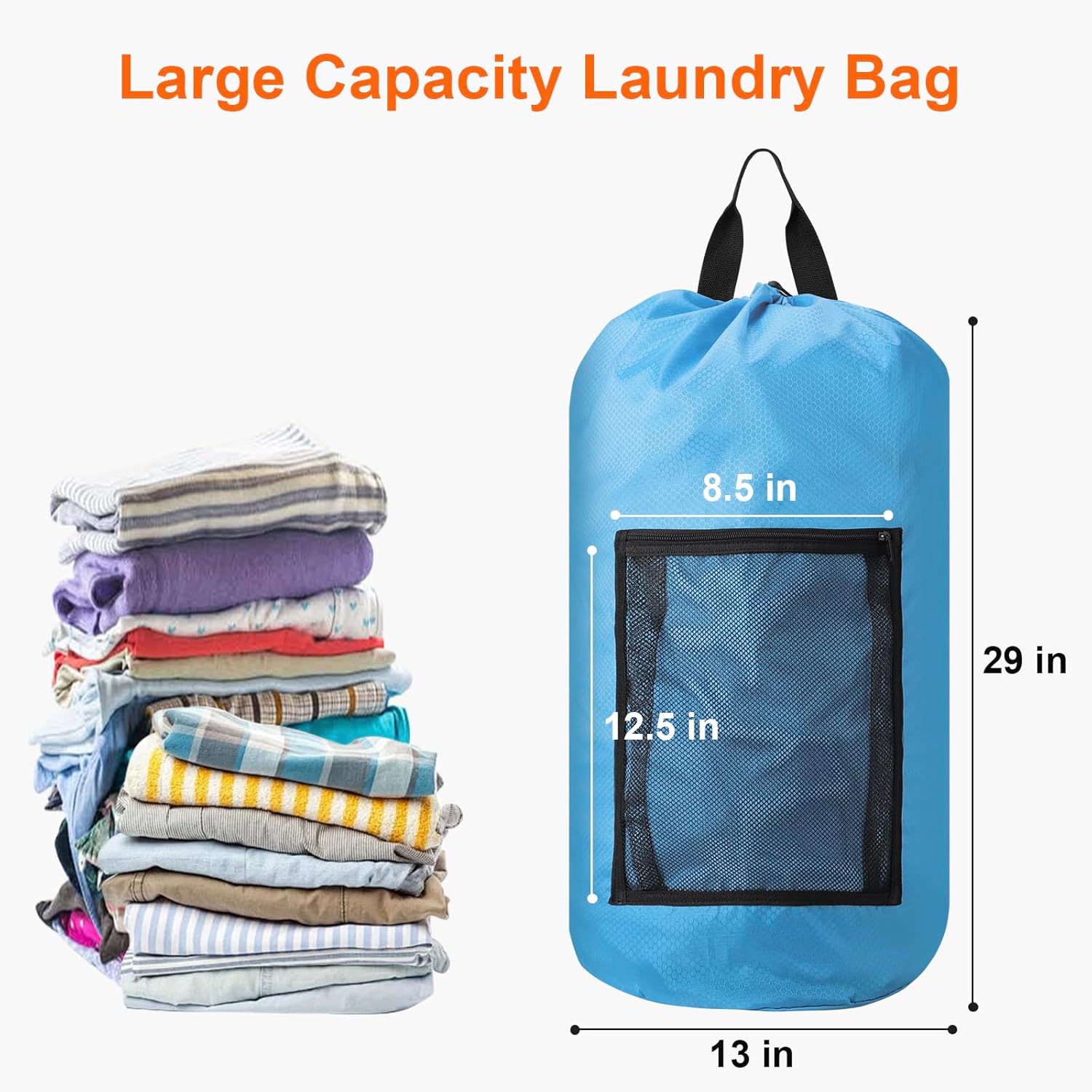 Femuar Laundry Bag Backpack Durable Laundry Bag with Shoulder Straps and Mesh Pockets Portable Laundry Dirty Clothes Hamper Bag for College Dorm (Blue) - NestledHome