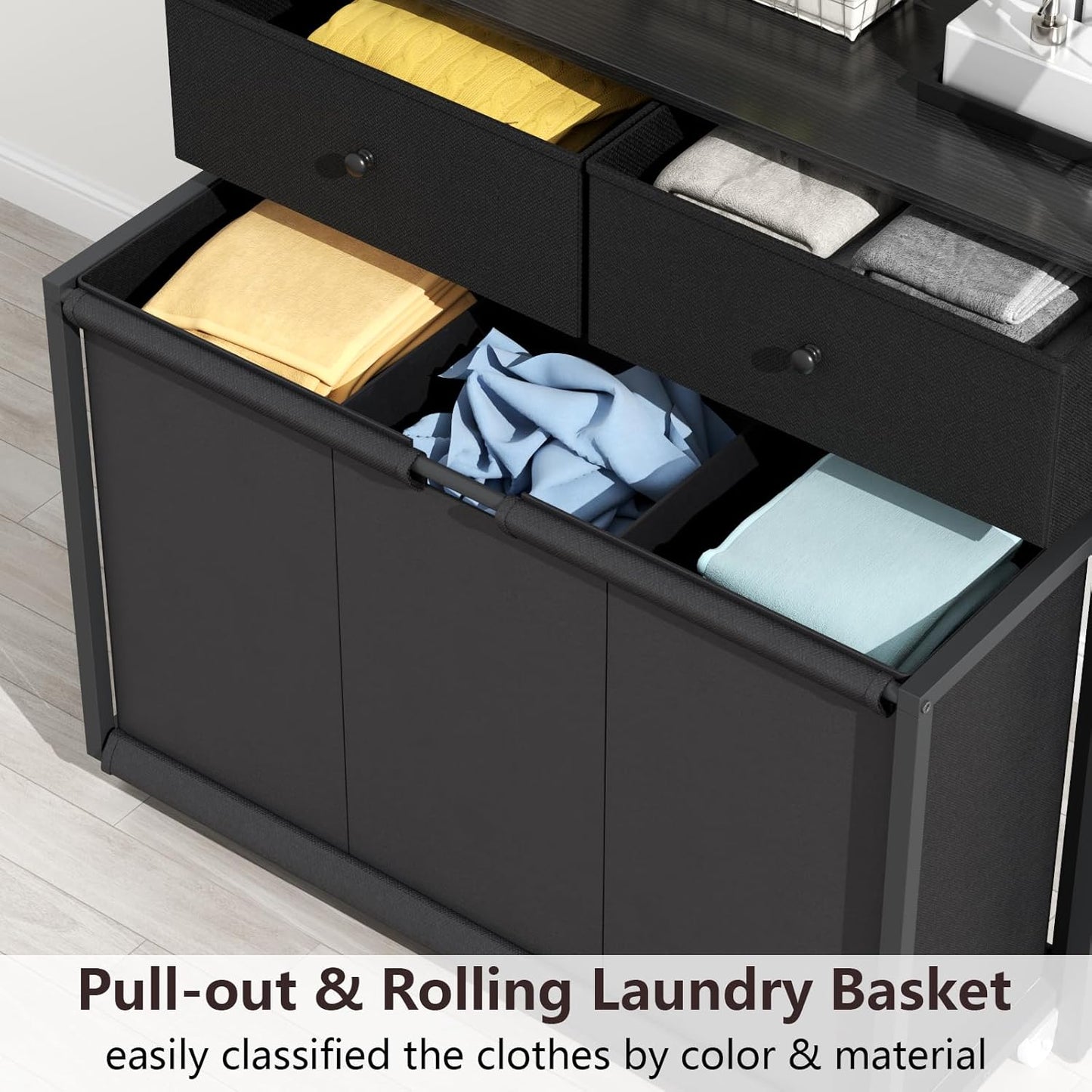 Laundry Hamper Laundry Basket with 3 Section Pull-Out Rolling Bags & 2-Tier Storage Shelf, Laundry Sorter for Organization and Storage with 2 Drawers for Laundry Room, Bathroom - NestledHome