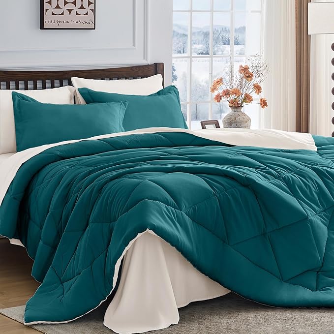 HEVUMYI Full Comforter Set - 7-Piece All Season Bed in a Bag Full, Ultra Soft Bedding Set with Comforter, Flat Sheet, Fitted Sheet, Pillowcases, Pillow Shams, Peacock Blue & Ivory