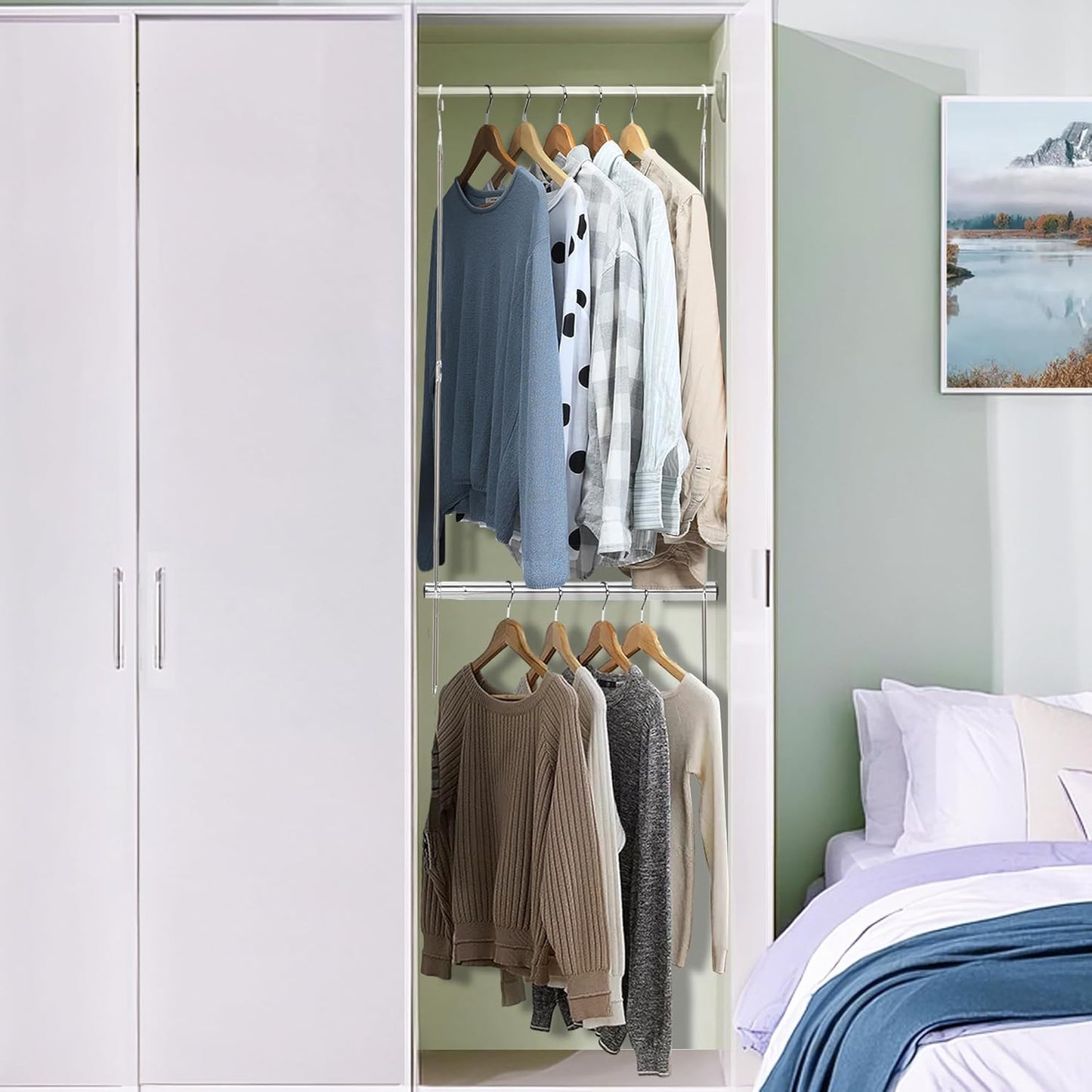 STORAGE MANIAC Hanging Closet Rod, Adjustable Width and Height Closet Hanging Organizer, Space-Saving Clothes Hanging Bar, Closet Extender Hanging Rod Double Closet Hanging Rod, 2 Pack Chrome - NestledHome