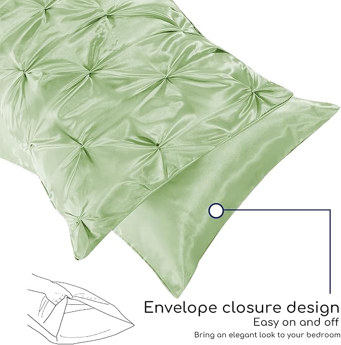 MR&HM Satin Comforter King 7 Pieces - Luxurious Pinch Pleat Bedding Set with Comforter, Flat Sheet, Fitted Sheet, Pillowcases & Shams, Super Silky Soft Bed Set for All Season (King, Light Sage)