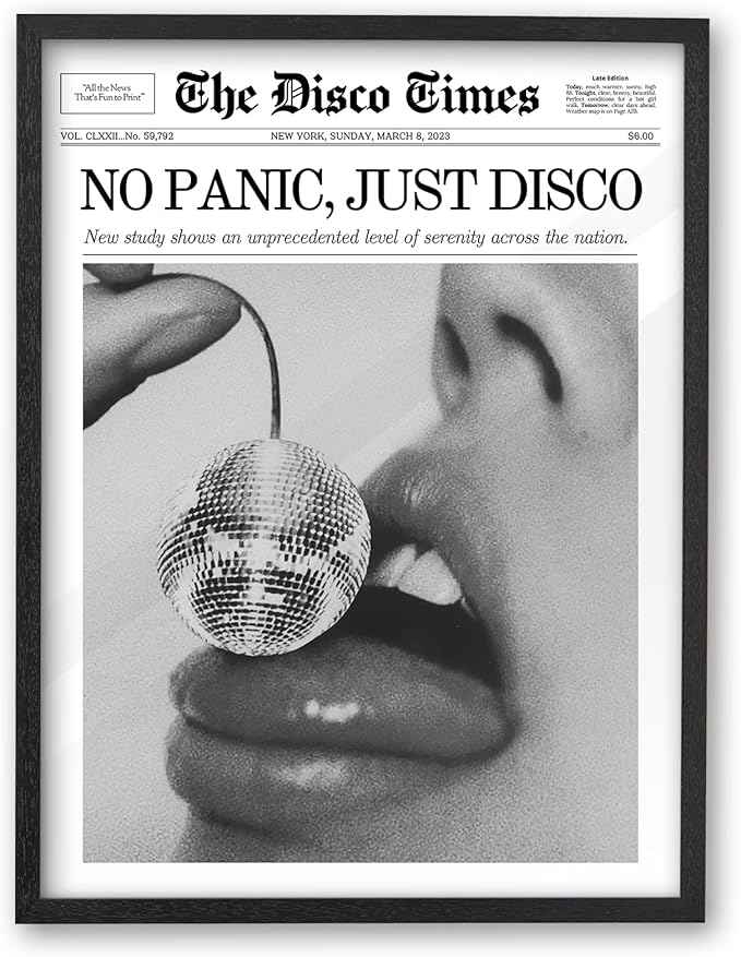 iHery Premium Natural Black OAK Wood 16x20in No Panic Just Disco Trendy Framed Wall Art, Retro Cherry Disco Ball Headline Magazine Canvas Wall Decor For Girly Dorm Bedroom Living Room 1Pack