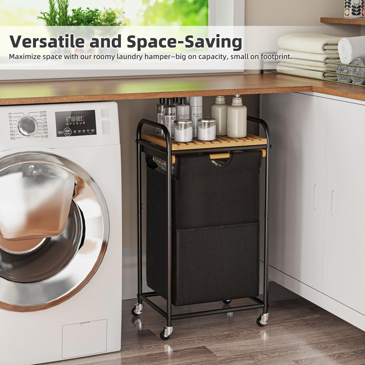 Laundry Hampers 1 Section, Laundry Sorter with Removable Shelf and Pull-Out Bags, Clothes Hampers with Wheels Rolling Cart Basket for Laundry Room Bathroom, 50 L (Black) - NestledHome