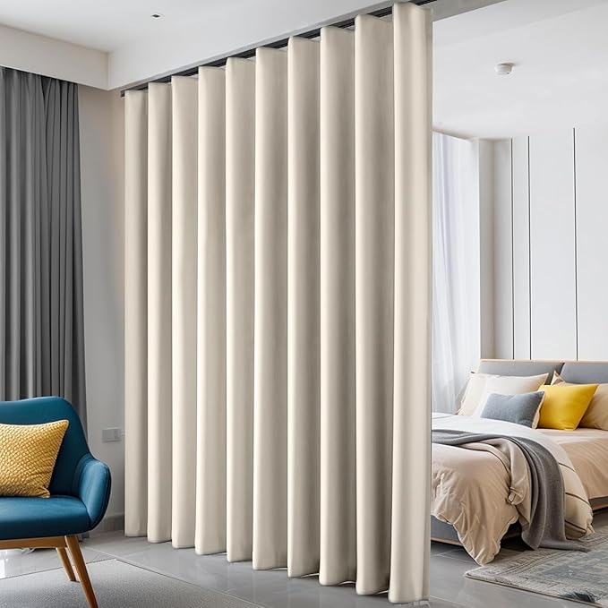 Room Divider Curtains Blackout Floor to Ceiling Curtain with Hook Wall Mount Sliding Door Curtains Ceiling Mount Extra Wide Curtain Wall Divider for Room Separation (Beige, W150 x H108 Inch)