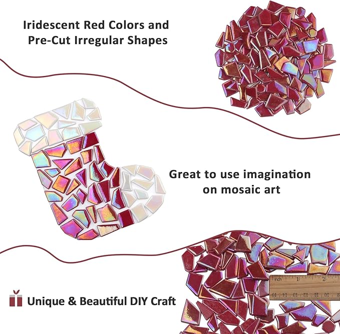 Youway Style Iridescent Glass Mosaic Tiles for Crafts Bulk,200g Red Broken Mosaic Glass Pieces for Garden Crafts Kits,DIY Mosaic Art Decor