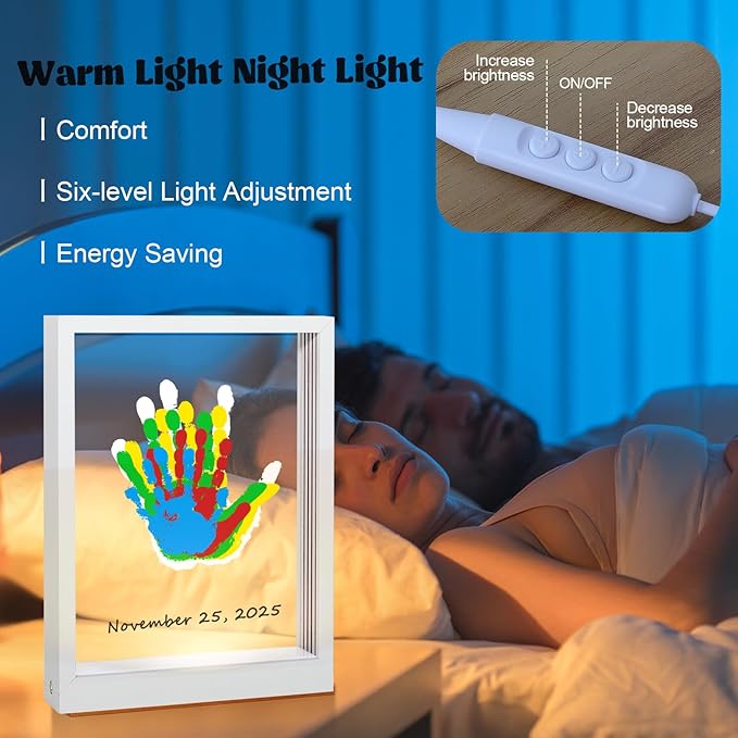 Bixinyo Family Handprint Kit with Light, Baby Hand and Footprint Keepsake Wooden Frame, Family Gifts for Mom, Women, New Parents, Mother's Day, Adoption Gifts, 5 Non-Toxic Paints (Light, White)
