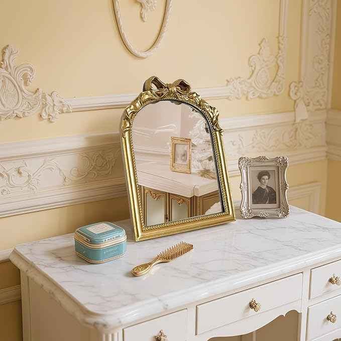 Vintage Vanity Desk Mirror - 13x10 Inch Wall-Mounted & Tabletop Decorative Ornate Gold Accent Retro Makeup Mirror for Bedroom Dresser Bathroom Living Room Dorm(Gold, 13" L x 10" W Bow)