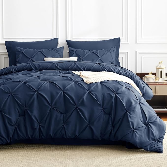 CozyLux California King Comforter Set Navy Blue - 7 Pieces Cal King Pintuck Bed in A Bag Gift for Family, Pinch Pleat Bedding Sets with All Season Comforter, Sheets, Pillowcases & Shams