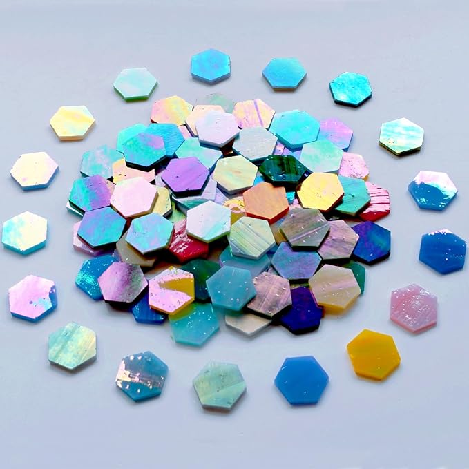 100 pcs Hexagon Iridescence Stained Glass Pieces Mosaics Tiles for Crafts Bulk, Hand Precut Mosaic for Bee Honeycombs, Mosaic Kits for Adults