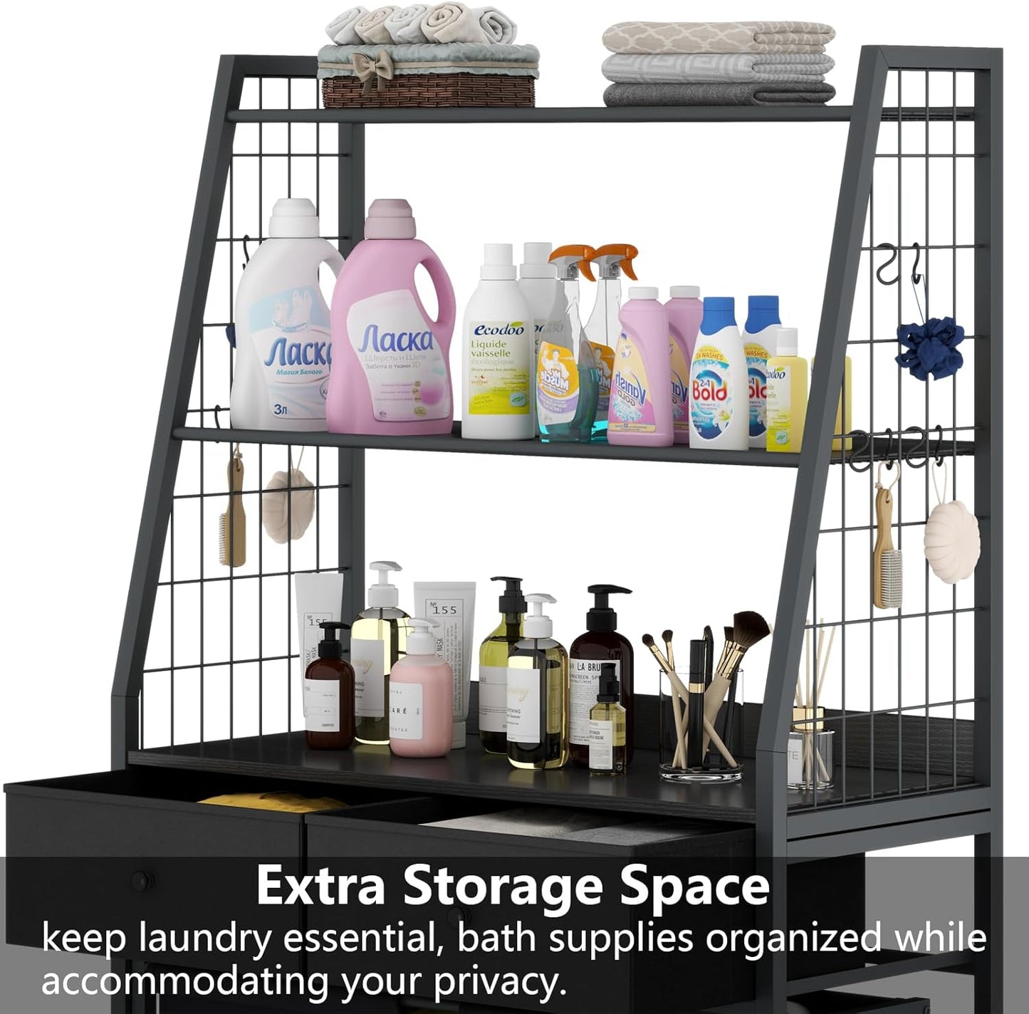 Laundry Hamper Laundry Basket with 3 Section Pull-Out Rolling Bags & 2-Tier Storage Shelf, Laundry Sorter for Organization and Storage with 2 Drawers for Laundry Room, Bathroom - NestledHome