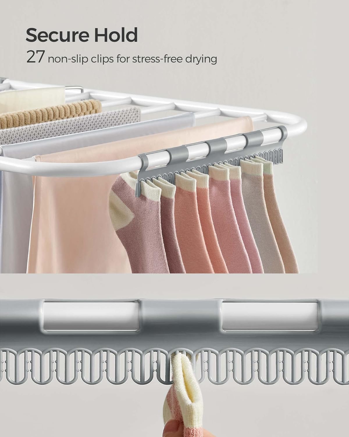 SONGMICS Clothes Drying Rack, with Sock Clips, Metal Laundry Rack, Foldable, Space-Saving, Free-Standing Airer, with 2 Height-Adjustable Gullwings, Indoor Outdoor Use, White and Gray ULLR052W02 - NestledHome