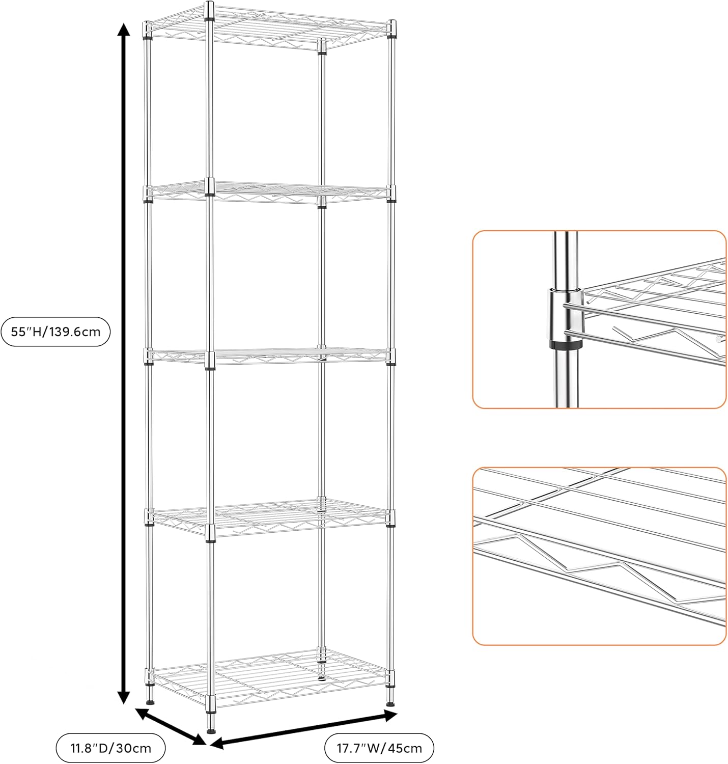 5 Tiers Shelf Metal Storage Shelves Wire Rack Closet Organizers with Wheel for Garage Kitchen Bathroom Laundry Chrome 11.8" D x 17.7" W x 55" H - NestledHome