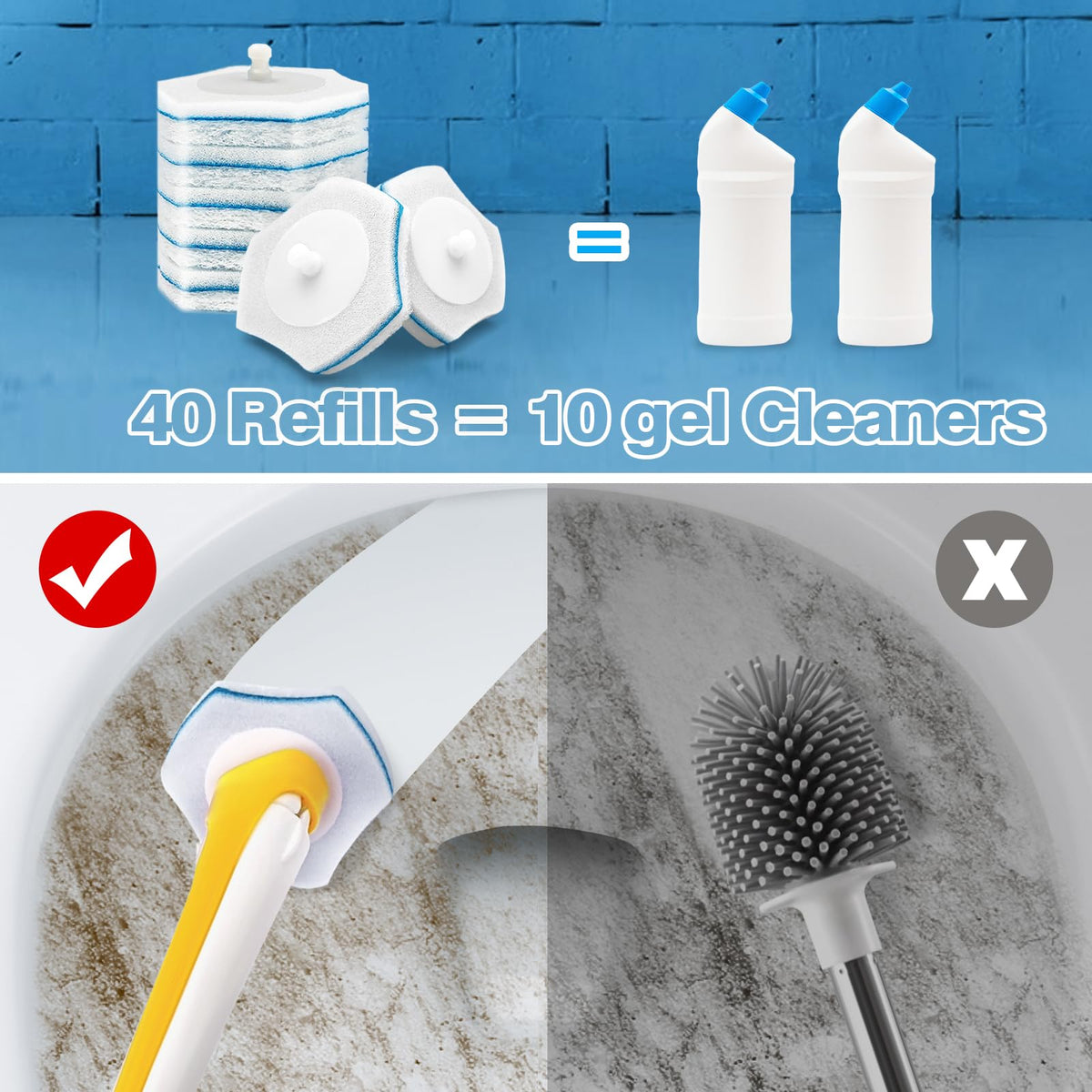 Disposable Toilet Brush with 40PCS Wand Cleaner Refills