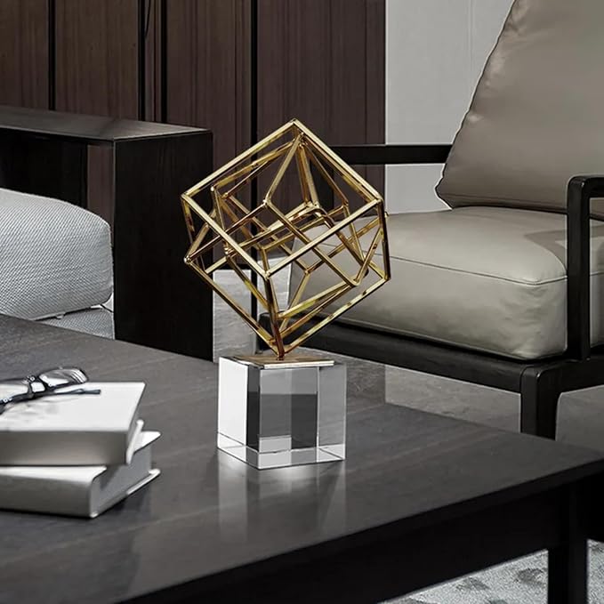 homary Modern Gold Geometric Sculpture with Crystal Base, 3D Metal Ornament Figurine, Abstract Luxury Decor Art for Living Room, Office, or Table Centerpiece