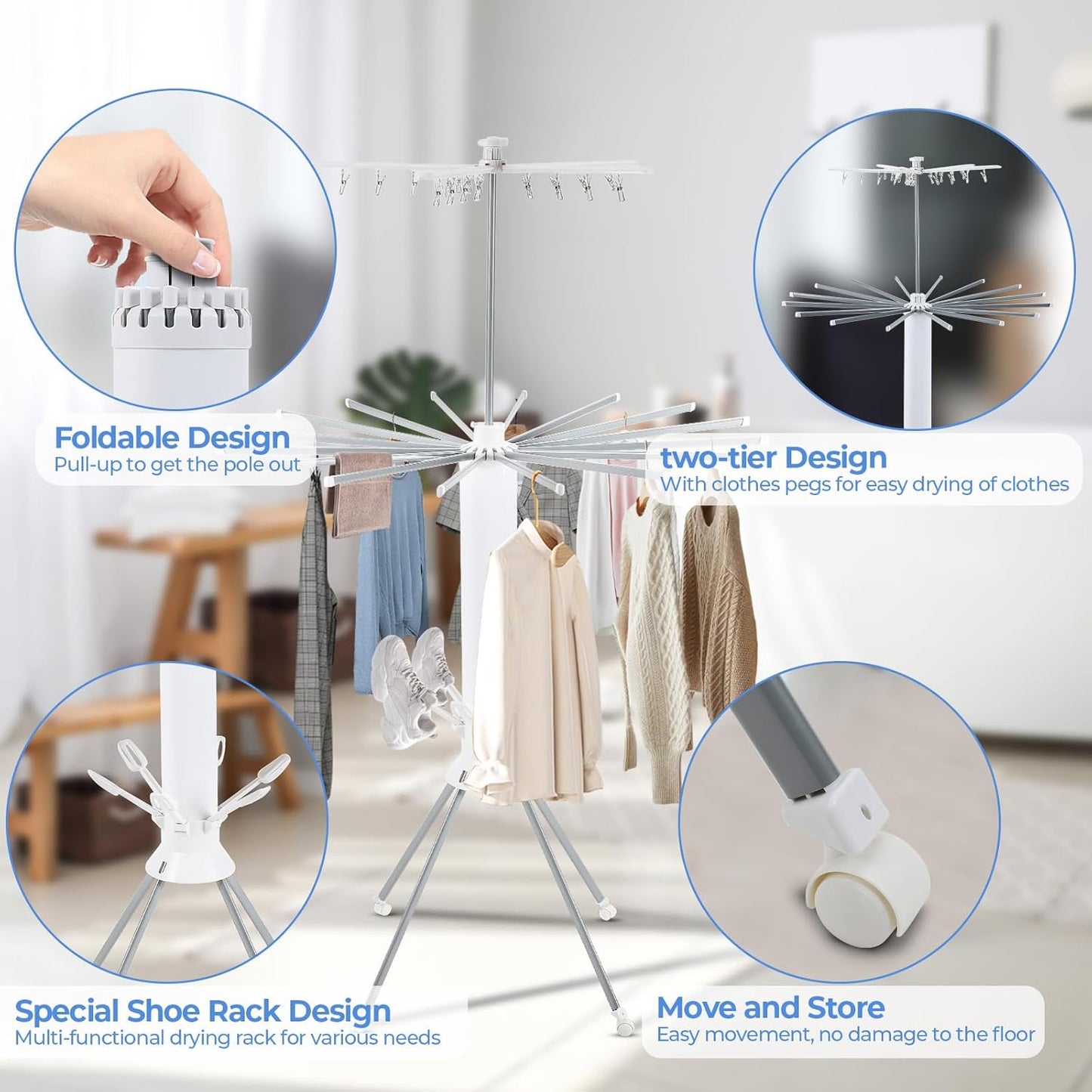 3 Tier Portable Clothes Drying Rackwith 4 Pulleys,Indoor and Outdoor Collapsible Rack Clothing with Shoe Drying Rack for Space Saving - NestledHome