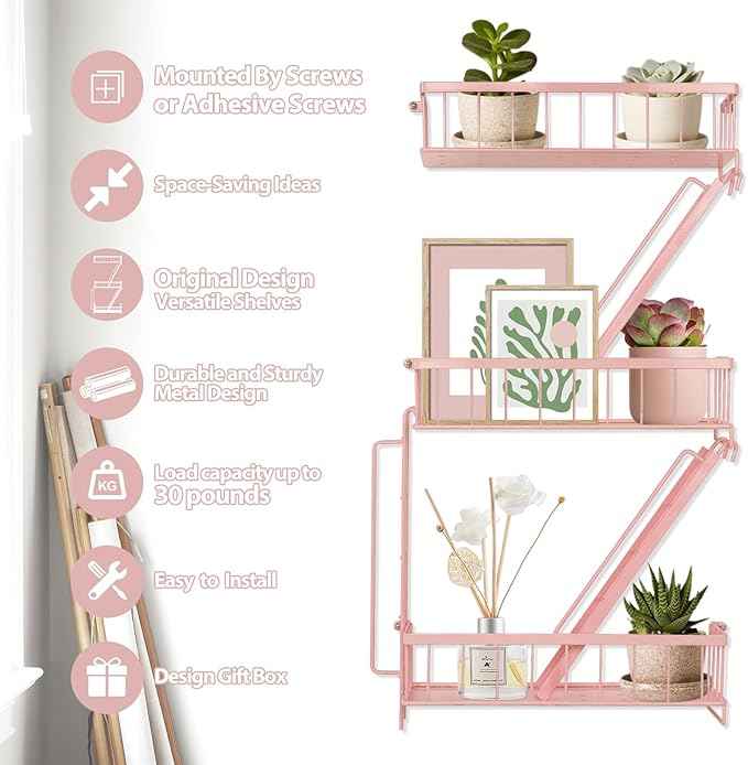 Fire Escape Shelf - Pink Wall Decor Floating Shelves, Cute Metal Ladder Shelving for Bedroom, Home Decor Display (3-Tier)