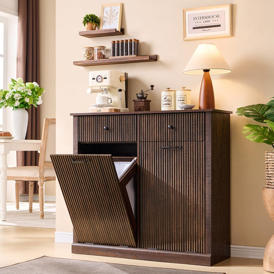 Modern Double Tilt-Out Trash Cabinet, 20 Gallon Fluted Laundry Hamper Cabinet with 2 Drawers, Wooden Hidden Garbage Can Cabinet w/Storage Basket,Free Standing for Kitchen & Living Room, Brown - NestledHome