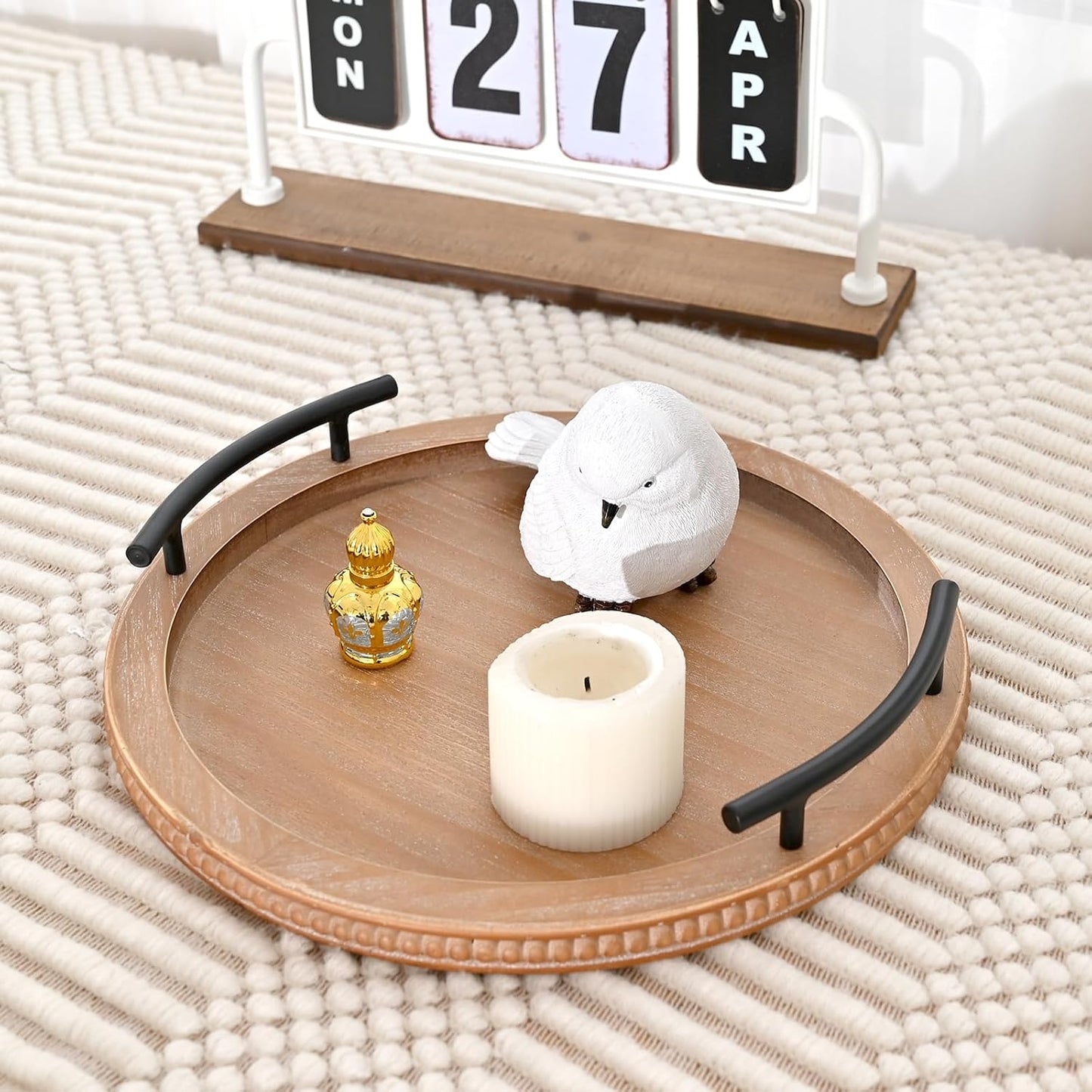 SwallowLiving Brown Wooden Beaded Serving Tray with Handle Decorative Rustic Tray for Coffee Table Farmhouse Round Tray for Kitchen, Living Room and Bedroom