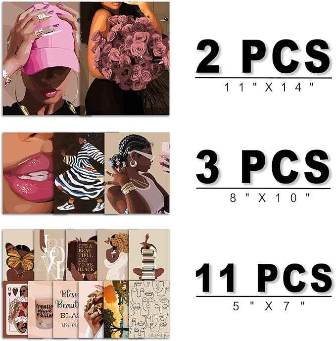 ANERZA 16 PCS Black Girl Wall Art Decor, African American Gallery Wall Prints for Bedroom, Black Woman Posters for Living Room Aesthetic, Black People Collage Kit Pictures, Pink and Black Dorm Home Decor