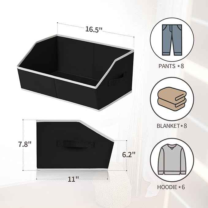 Cube Storage Bins - 6 Pack Trapezoid Storage Bins, Closet Organizers and Decorative Storage, Storage Baskets with Handle, Large Storage Basket for Home, Black