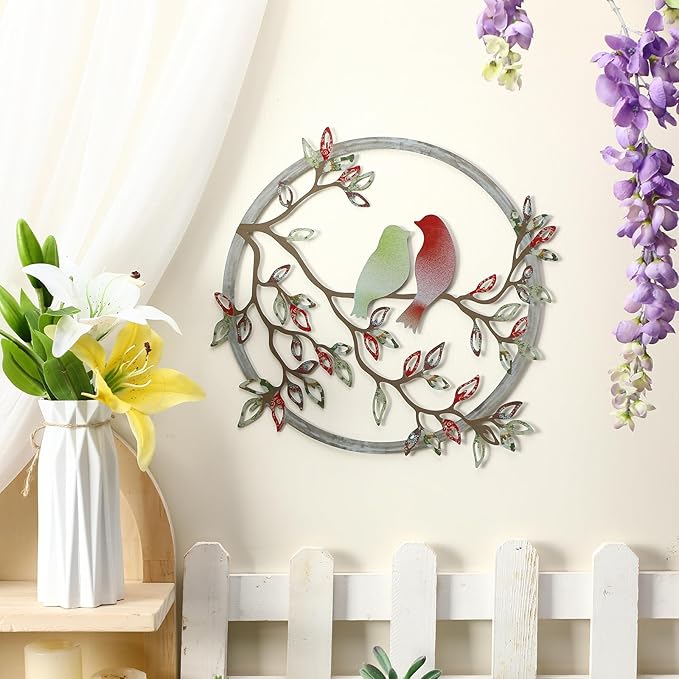 Ferraycle Metal Wall Art Bird on Tree Branch Silhouette Bird Art Decor for Living Room Garden Bedroom Office Home Wall Housewarming Party Decor(Elegant Color)