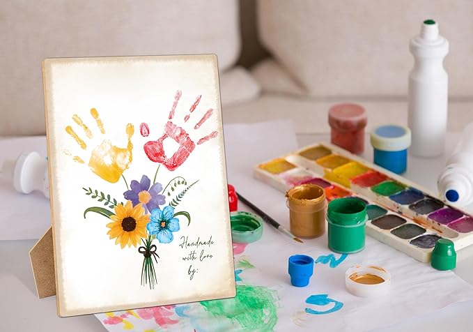 Flower Bouquet Handprint Art Keepsake Making Wooden Sign with Stand 9x12", Mothers Day Crafts for Classroom Family Activities, DIY Crafts Birthday Gifts for Mom Dad Grandma Grandpa Sister Auntie