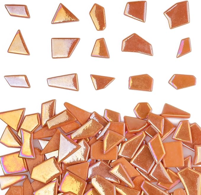 Youway Style Iridescent Glass Mosaic Tiles for Crafts Bulk,200g Orange Broken Mosaic Glass Pieces for Garden Crafts Kits,DIY Mosaic Art Decor