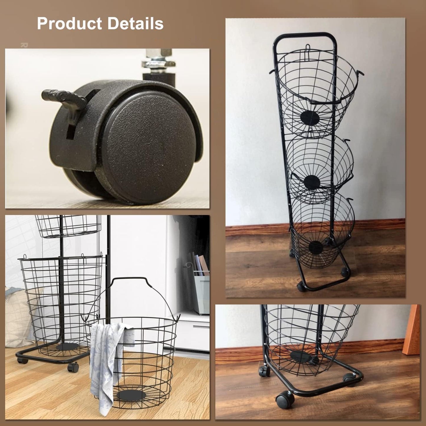 3 Tier Laundry Basket with Rolling Lockable Wheels Wire Metal Sorter Storage Trolley Shelf Basket Durable Metal Sorter Clothes Storage Trolley Shelf with Removable Hamper for Organizing Clothes - NestledHome