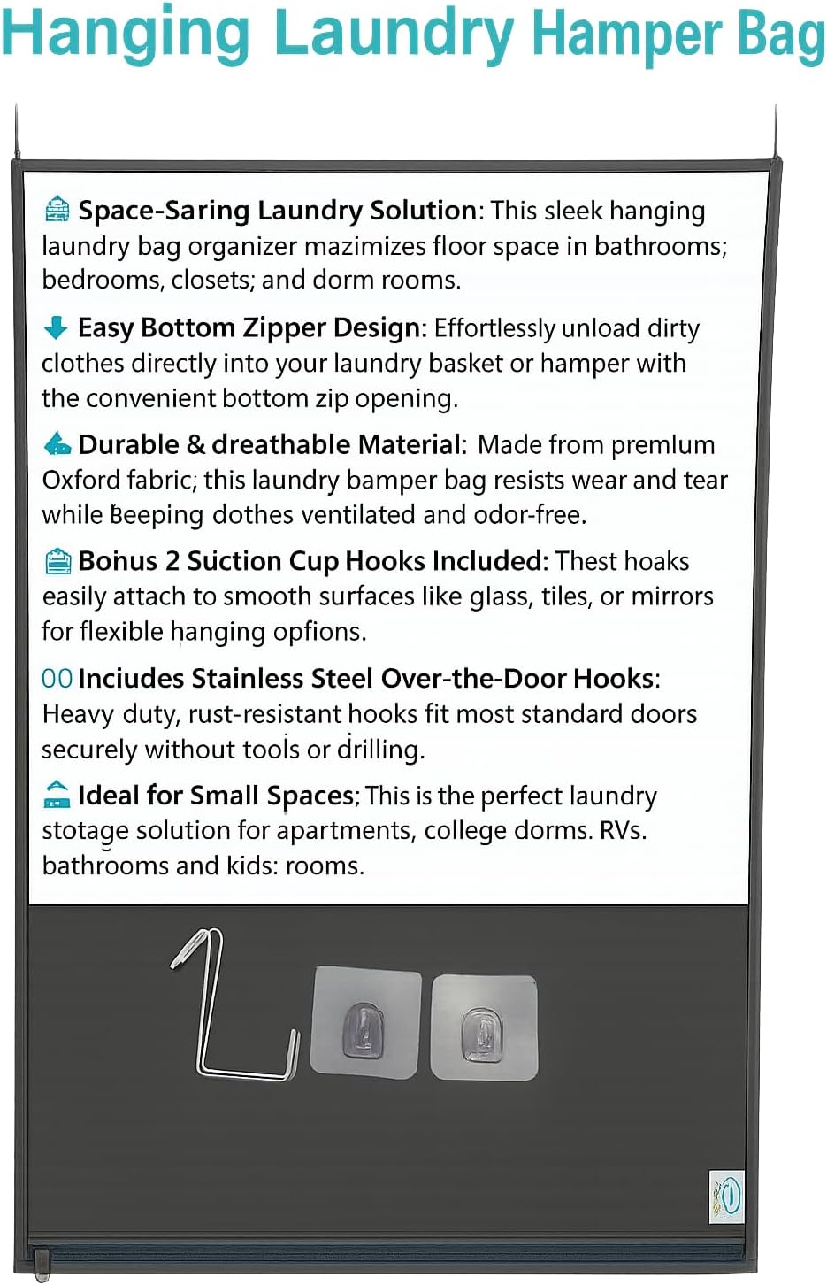 Hanging Laundry Hamper Bag – Space-Saving Dirty Clothes Storage with Free Adjustable Stainless Steel Over-the-Door Hooks & Suction Cup Hooks – Ideal for bathrooms, bedrooms & dorms (2, Gray) - NestledHome
