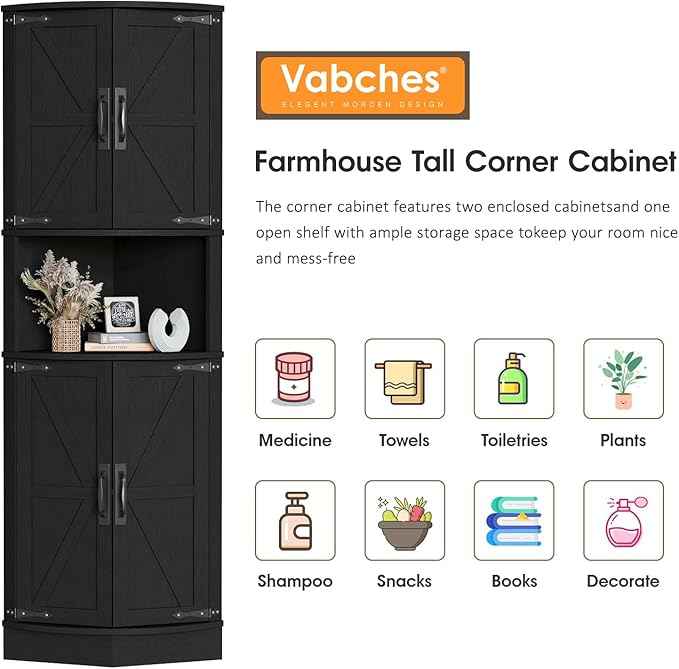 Vabches 64.8" Tall Farmhouse Corner Cabinet with 4 Doors and 5 Storage Shelves, Farmhouse Storage Cabinet with Barn Door Design, Home Space Saver for Living Room, Kitchen, Laundry Room,Black