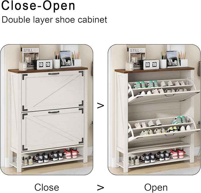 Vabches Shoe Storage Cabinet, Farmhouse Freestanding Organizer with 2 Flip Drawers, Wooden Hidden Narrow Slim Shoe Rack Cabinet for Entryway, Hallway, Foyer, White