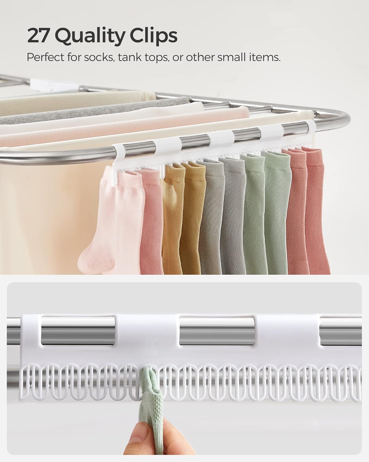 SONGMICS Clothes Drying Rack, Foldable 2-Level Laundry Drying Rack, Free-Standing Laundry Airer, with Height-Adjustable Wings, 33 Drying Rails, Sock Clips, Silver and White ULLR053W01V1 - NestledHome