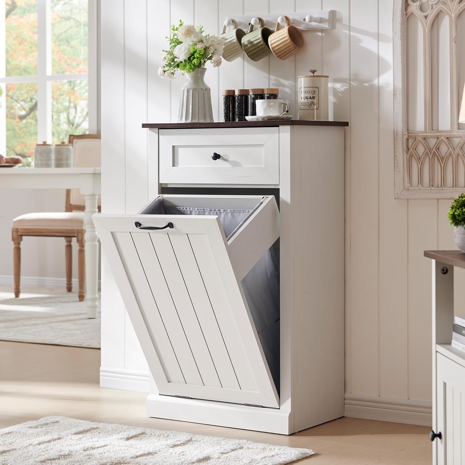 Tilt Out Laundry Hamper Cabinet, 10 Gallon Farmhouse Trash Can Cabinet with Drawer, Hidden Wood Garbage Can Bin Cabinet with Laundry Storage Basket for Bathroom, Kitchen, Antique White - NestledHome