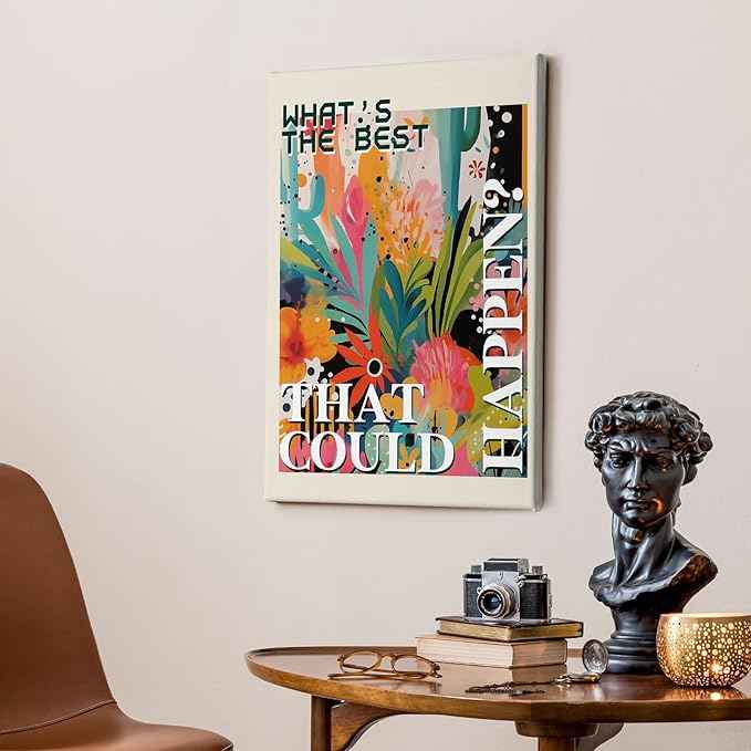 HIWX What's the Best That Could Happen Maximalist Floral Framed Canvas Painting Wall Art Decor, Funky Eclectic Botanical Inspirational Wall Art Home Decoration for Home Bedroom Room, 16x24