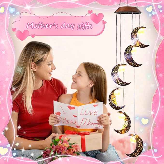 Tryme Solar Moon Wind Chimes Outdoor Solar Lights Windchimes Waterproof Hanging Decorations Gifts for Garden Patio Birthday Thanksgiving Home Party