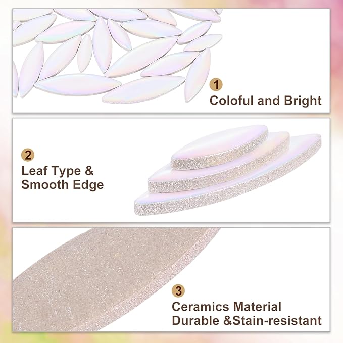 uxcell Ceramic Mosaic Tile, About 200g Teardrop Leaf Tile Mosaic Block for Handicrafts Artwork, Colorful White