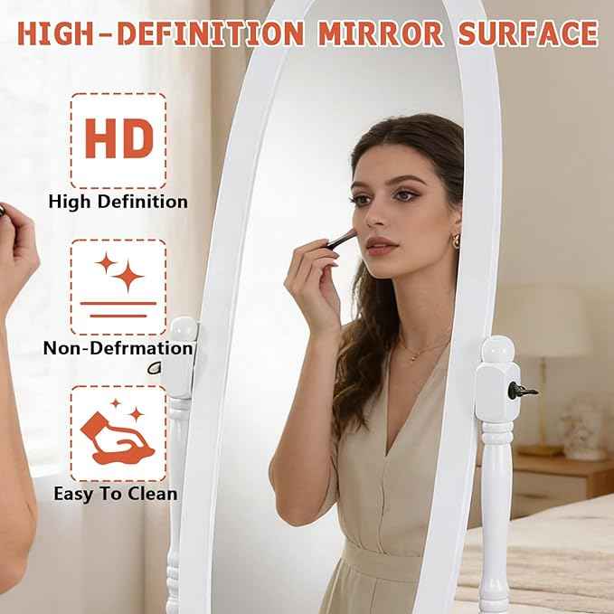 Full Length Mirror with Stand, Swivel Adjustable Oval Wood Cheval Floor Mirror, Dressing Cheval Mirror for Bedroom Livingroom, Interior Gift Idea (White)