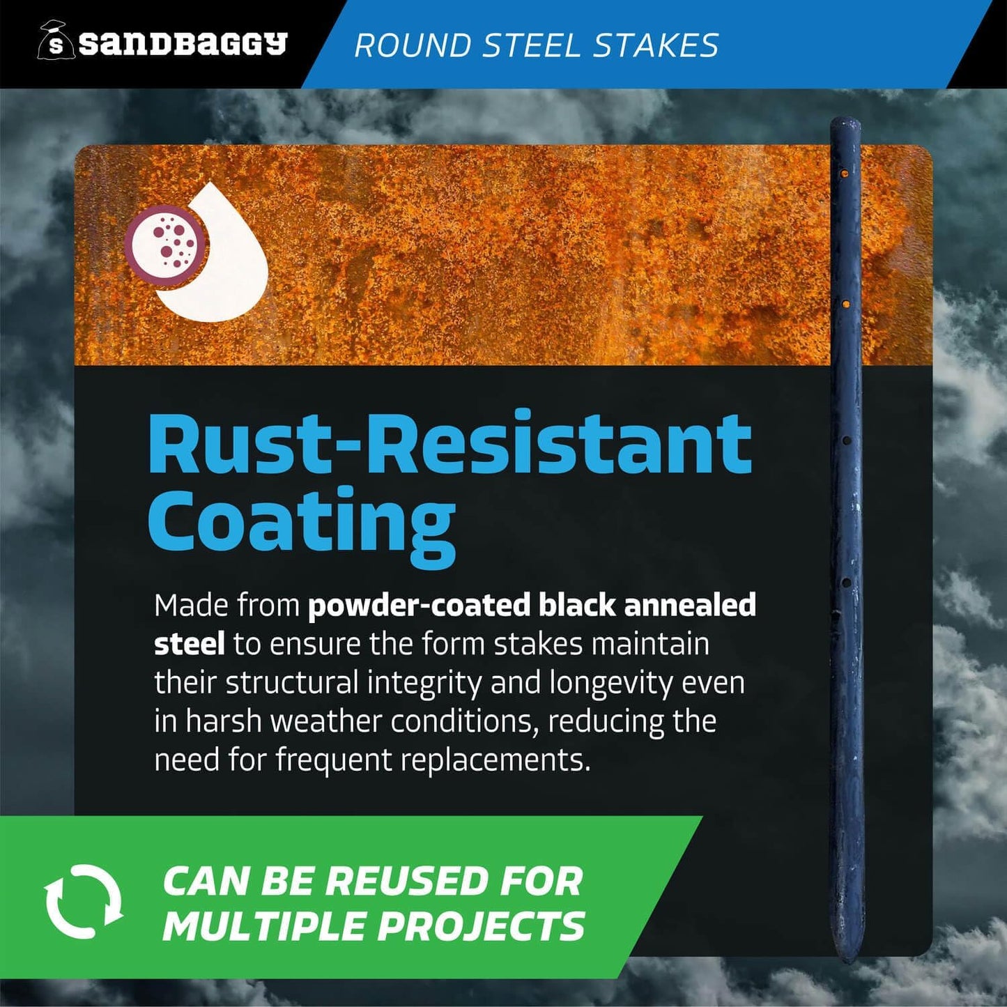 Sandbaggy Round Steel Concrete Form Stakes with Nail Holes - Rust Resistant Coating - Removable, Reusable (100, 3/4 in X 18 in)