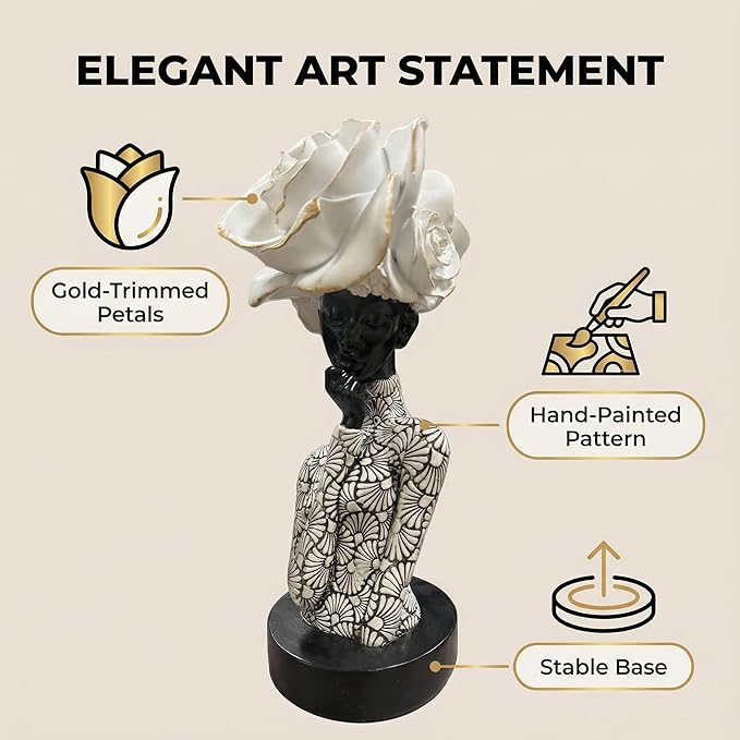 African Woman Sculpture with White Rose Headdress, Black and White Resin Statues, Modern Abstract African Art Statue for Home Decor Shelf Table Office Display