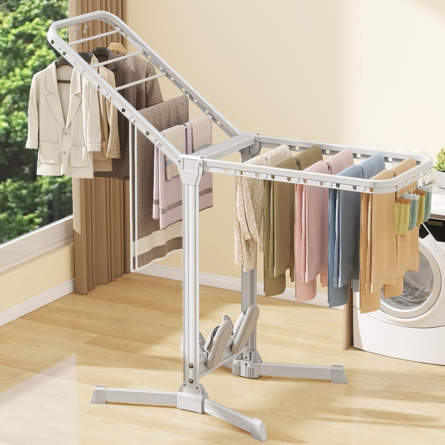 Heavy Duty Clothes Drying Rack Foldable, Aluminum Large Drying Rack Clothing with 2 Height-Adjustable Drying Wings, Laundry Racks for Drying Clothes,Easy to Fold,Indoor Outdoor Use - NestledHome
