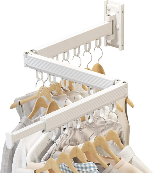 Wall Mounted Clothes Drying Rack, Retractable Laundry Rack for Hanging Clothes, Collapsible, Foldable, White-Rings - NestledHome
