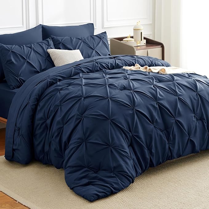 CozyLux California King Comforter Set Navy Blue - 7 Pieces Cal King Pintuck Bed in A Bag Gift for Family, Pinch Pleat Bedding Sets with All Season Comforter, Sheets, Pillowcases & Shams
