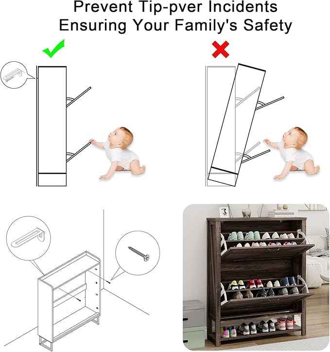 Vabches Shoe Storage Cabinet, Farmhouse Freestanding Organizer with 2 Flip Drawers, Wooden Hidden Narrow Slim Shoe Rack Cabinet for Entryway, Hallway, Foyer, Dark Oak