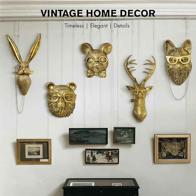 montresor 5 PCS Animals Head Wall Art Sculptures 17 inchs Gold Office Vintage 3D Wall Decor Art for Whimsigoth Home Wall Decor Lightweight Material Accent Wall Hanging Room Decor Maximalist Decor