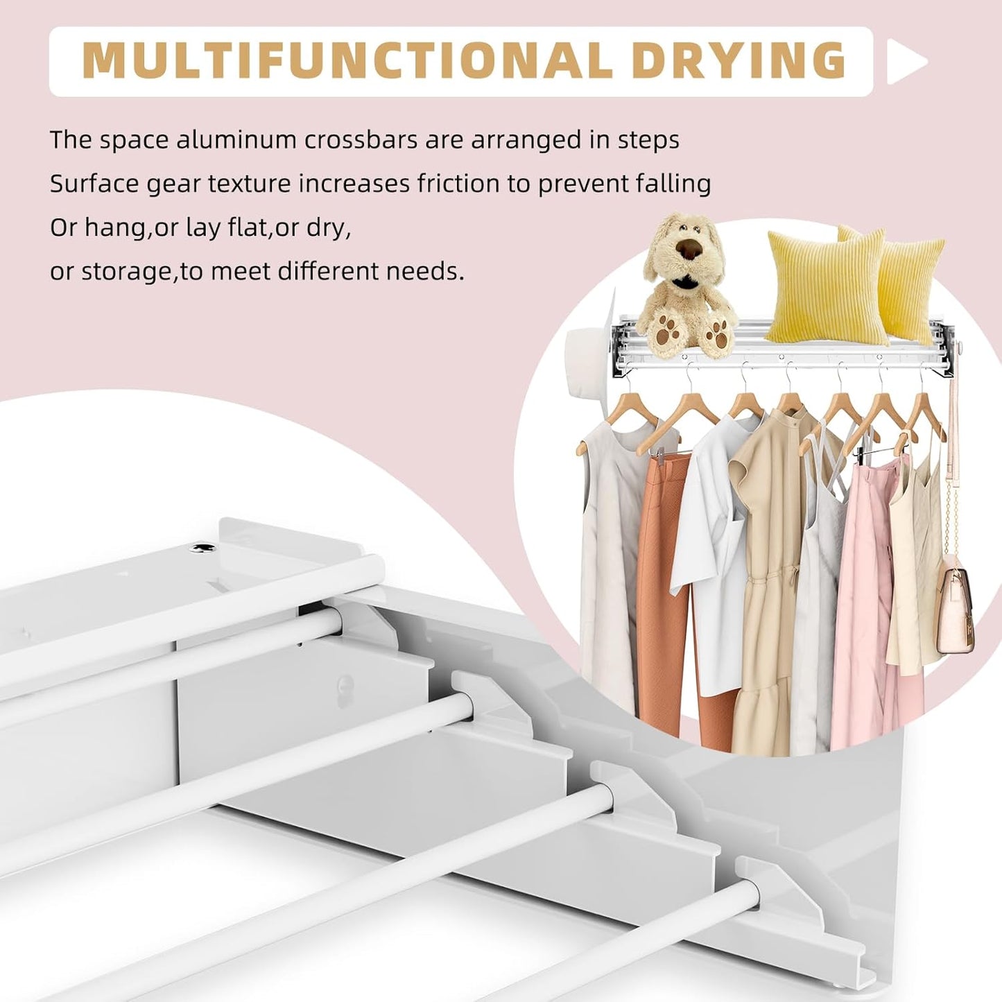 Wall Mounted Drying Rack with 4 Hooks and Shelf, Foldable Clothes Drying Rack for Laundry Room, Collapsible Laundry Rack Wall Mount, for Indoor Outdoor Hanging Clothes, 23.6 Inch - NestledHome