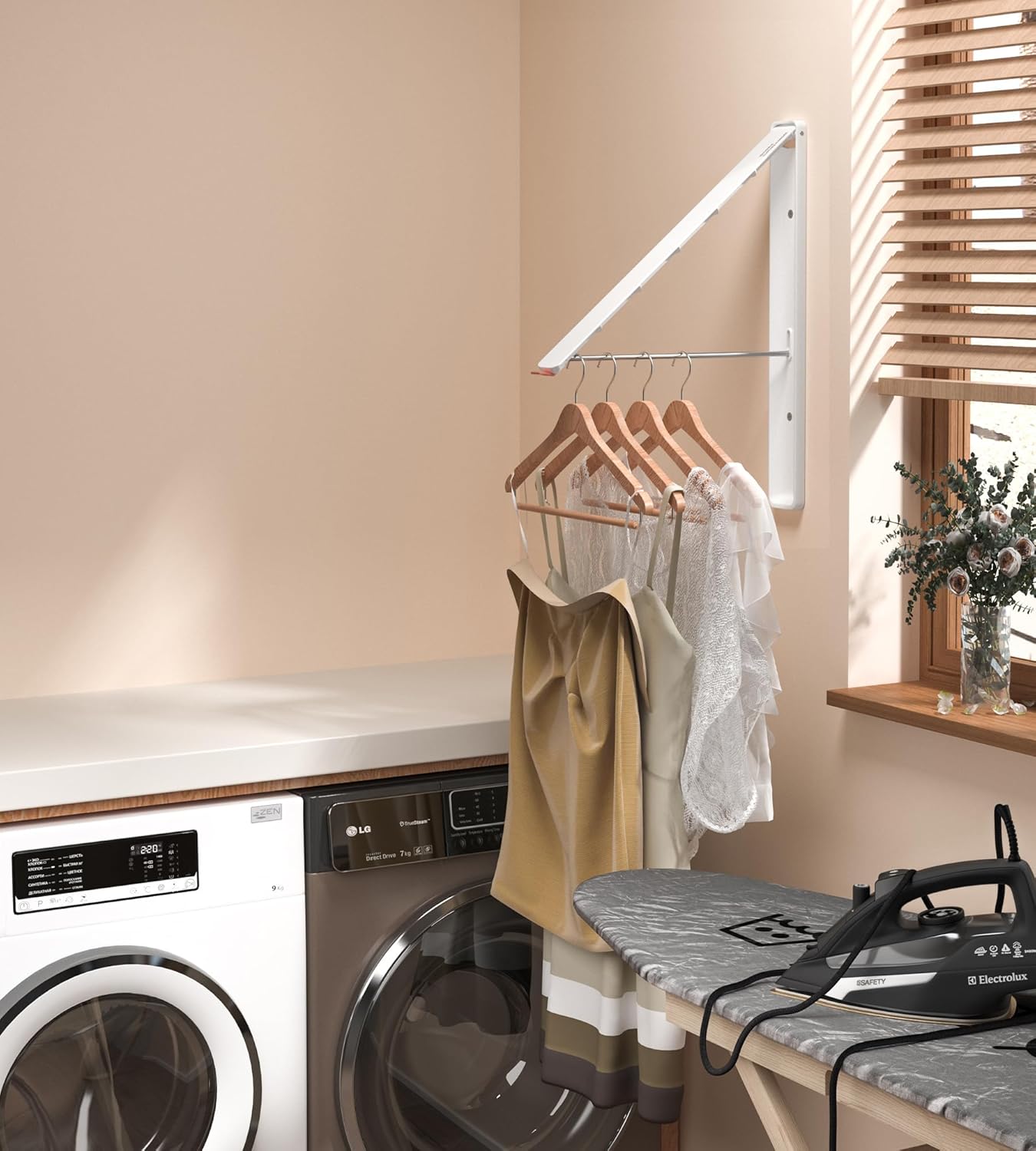 Dr.DJ Clothes Drying Rack with Rod, Wall-Mounted Retractable & Foldable Clothes Hanger for Laundry Room Organization and Storage, Metal Clothes Hanger Rack for Dorm, Closet, Balcony 2Rack,1Rod White - NestledHome