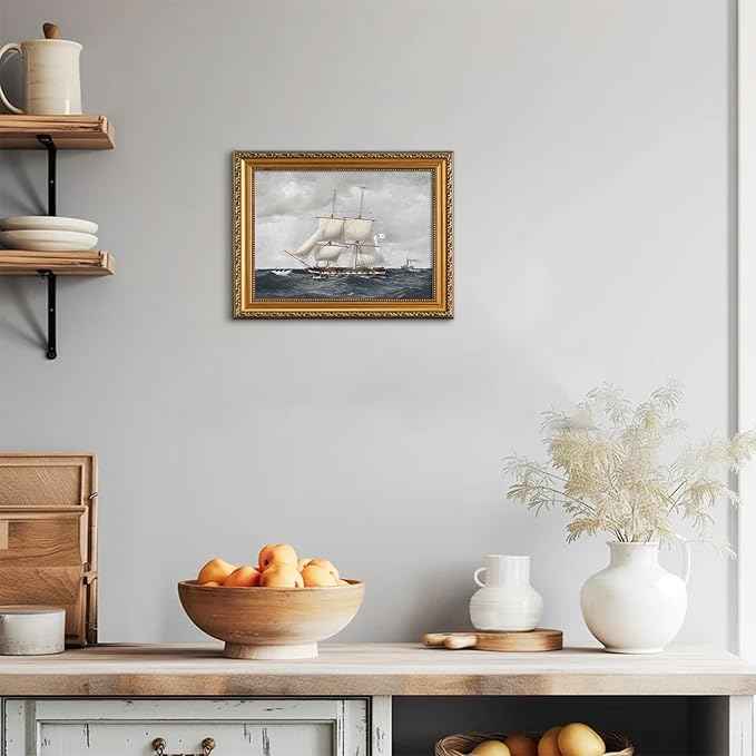 uniro Vintage Gold Framed Wall Art for Home Decor, Farmhouse Wall Decor Seascape Canvas Artwork, Antique Sailing Ship Wall Art Picture, Rustic Vintage Sailboat Art Prints Aesthetic Picture for Bedroom, Living Room, Desktop Decor- 11x14Inch